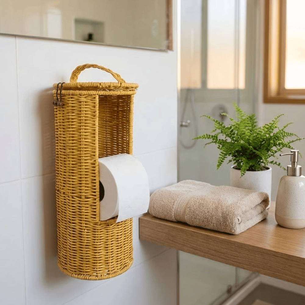 Askılı Plastik Rattan Tuvalet Kâğıdı Standı – Hasır Görünümlü, Kapaklı, Yedekli Wc Kâğıtlık, Banyo Ve Tuvalet İçin Dekoratif Organizer Bx40