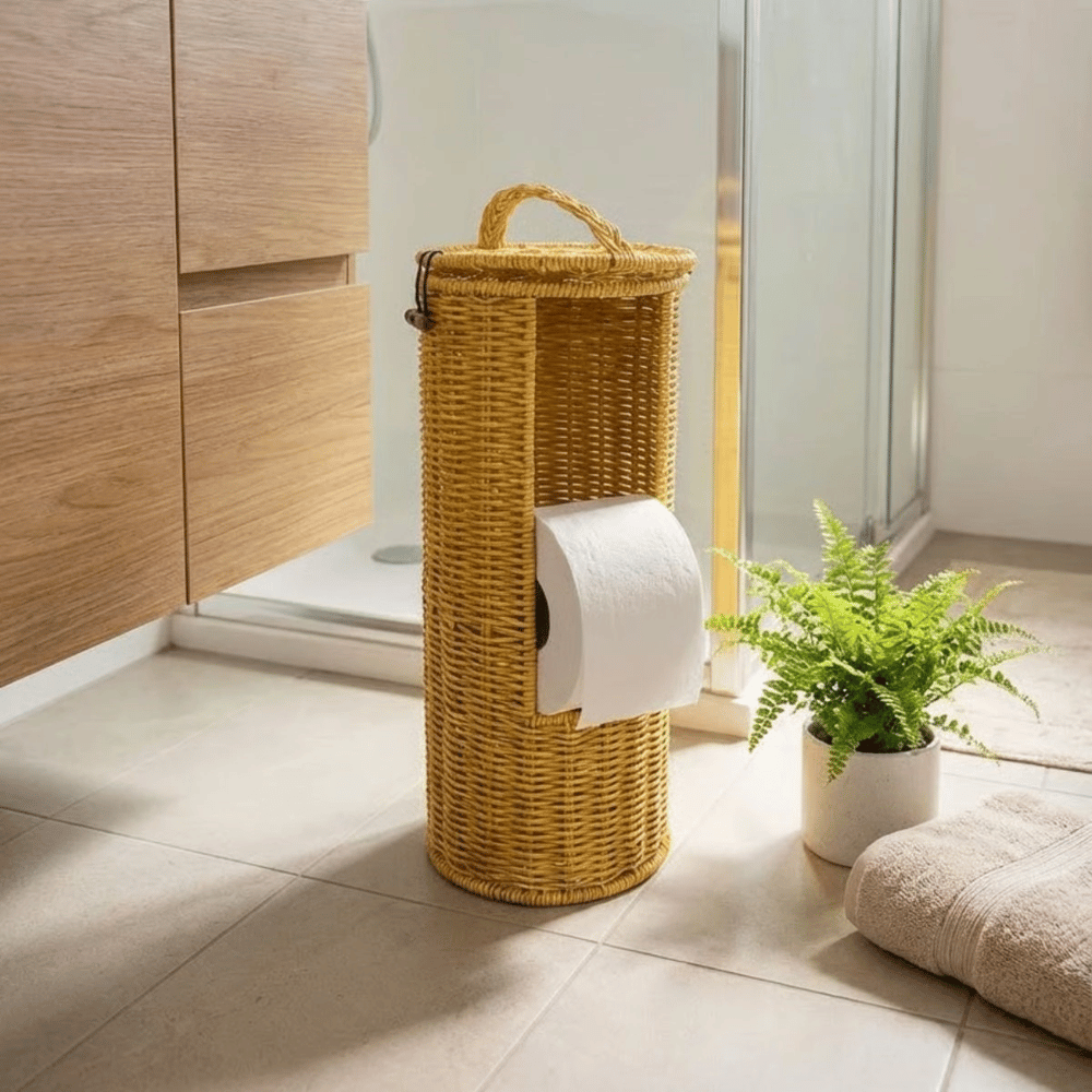 Askılı Plastik Rattan Tuvalet Kâğıdı Standı – Hasır Görünümlü, Kapaklı, Yedekli Wc Kâğıtlık, Banyo Ve Tuvalet İçin Dekoratif Organizer Bx40