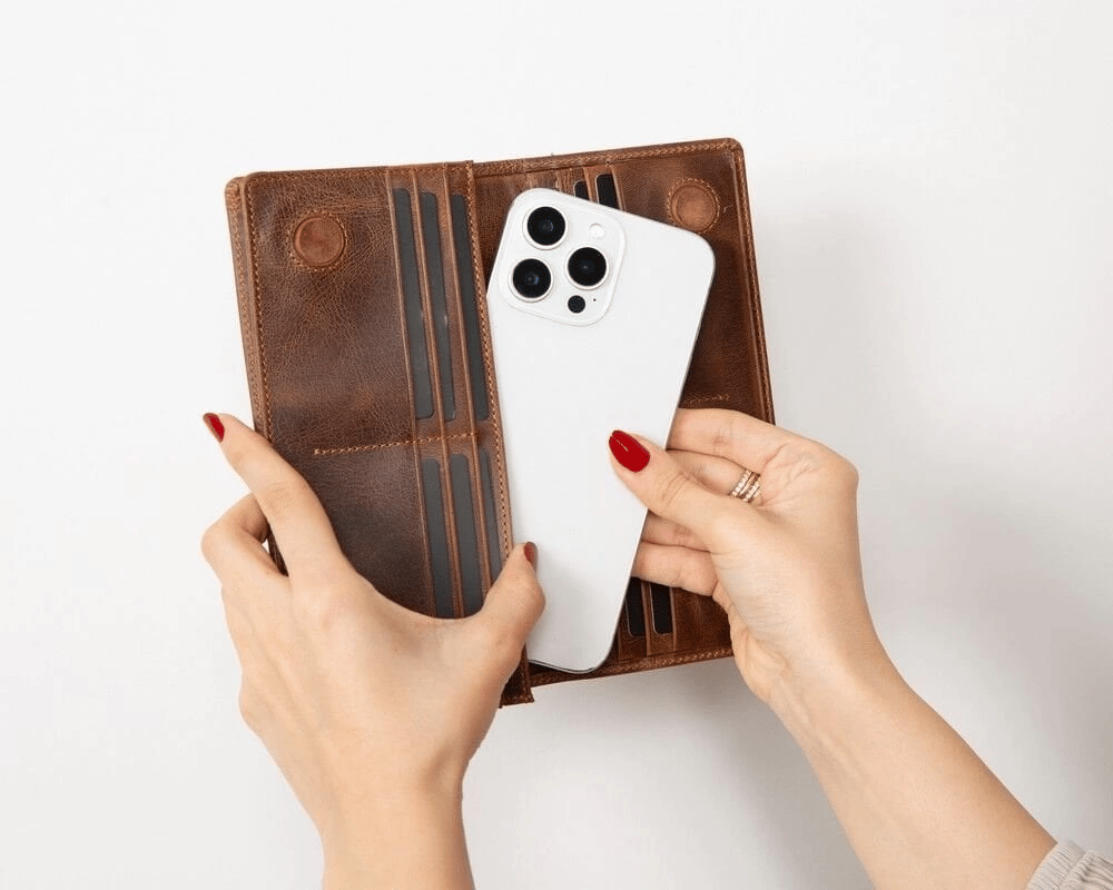 Aura Hakiki Deri, El Yapımı, Telefon Bölmeli, Kadın Cüzdanı, Antik Kahve