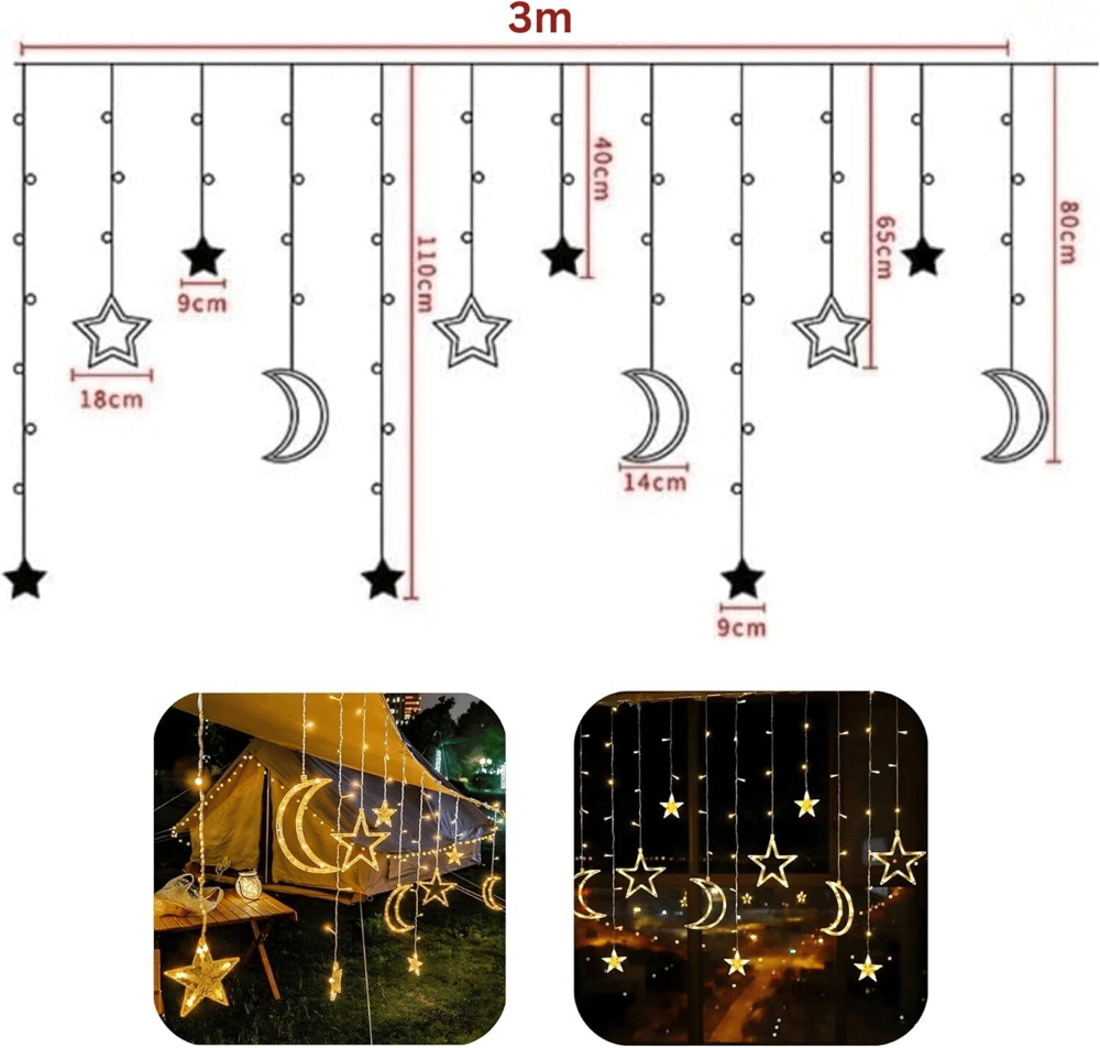 Ay ve Yıldız Figürlü Kumandalı 12 Sarkıtlı 120 LED Dekor Işık – Dekoratif Ortam ve Masaüstü Aydınlatması