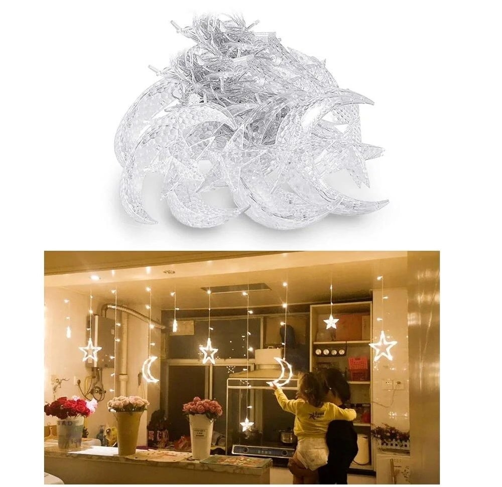 Ay ve Yıldız Figürlü Kumandalı 12 Sarkıtlı 120 LED Dekor Işık – Dekoratif Ortam ve Masaüstü Aydınlatması