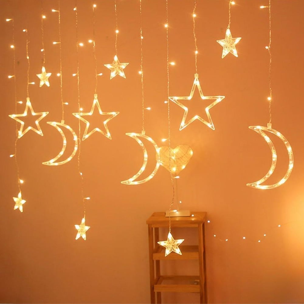 Ay ve Yıldız Figürlü Kumandalı 12 Sarkıtlı 120 LED Dekor Işık – Dekoratif Ortam ve Masaüstü Aydınlatması (3936)