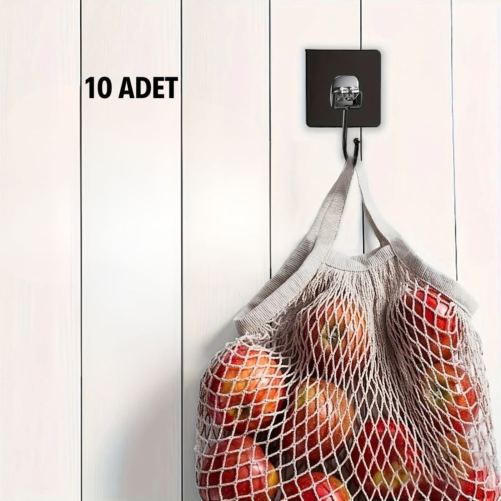 BUFFER® 10 Adet Duvara, Dolapa Yapışan Güçlü Yapışkanlı Siyah Duvar Askısı