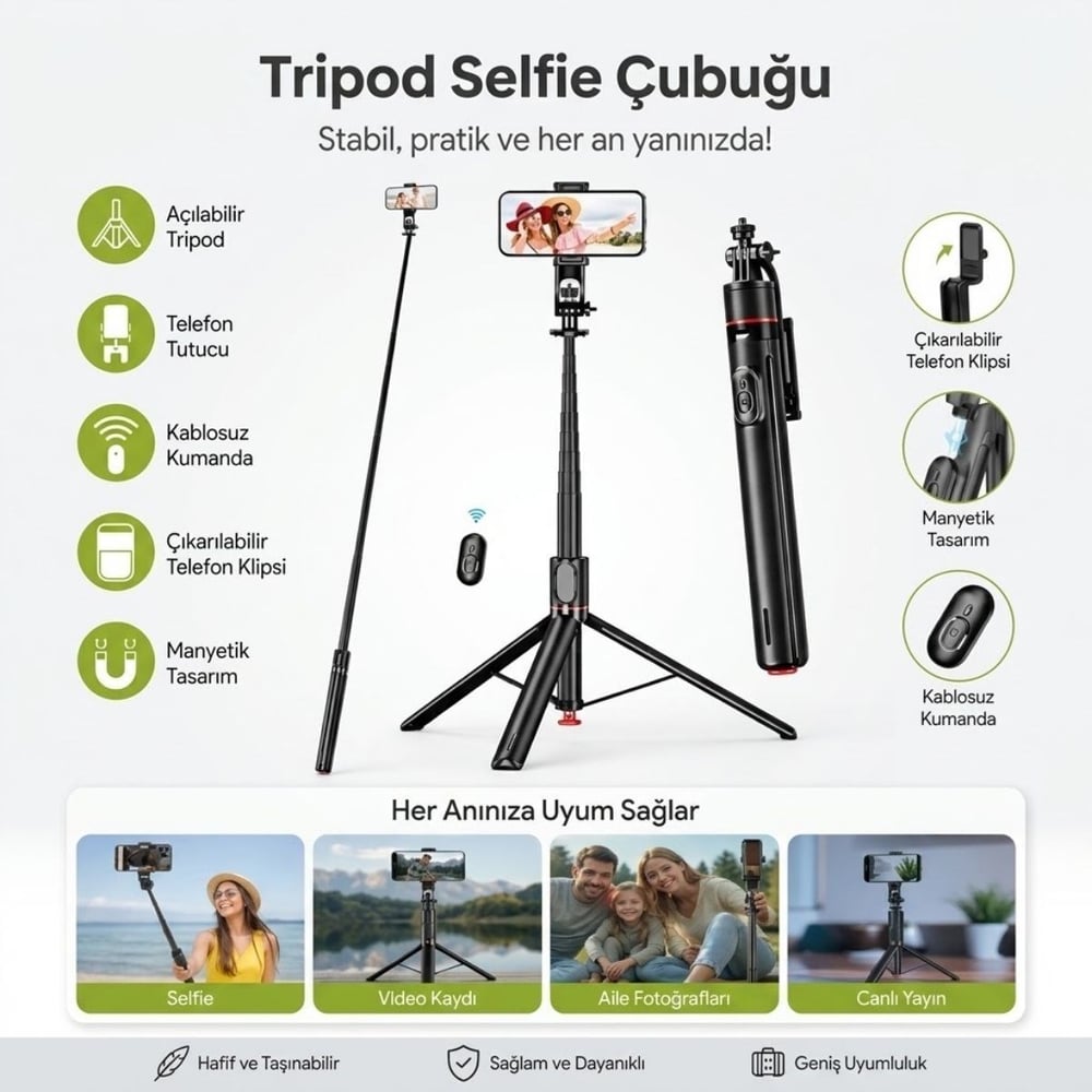 BUFFER® 130 cm Uzayabilen Manyetik Kumandalı Tripod ve Ayarlanabilir Telefon Tutuculu, Alüminyum Gövdeli Selfie Çubuğu