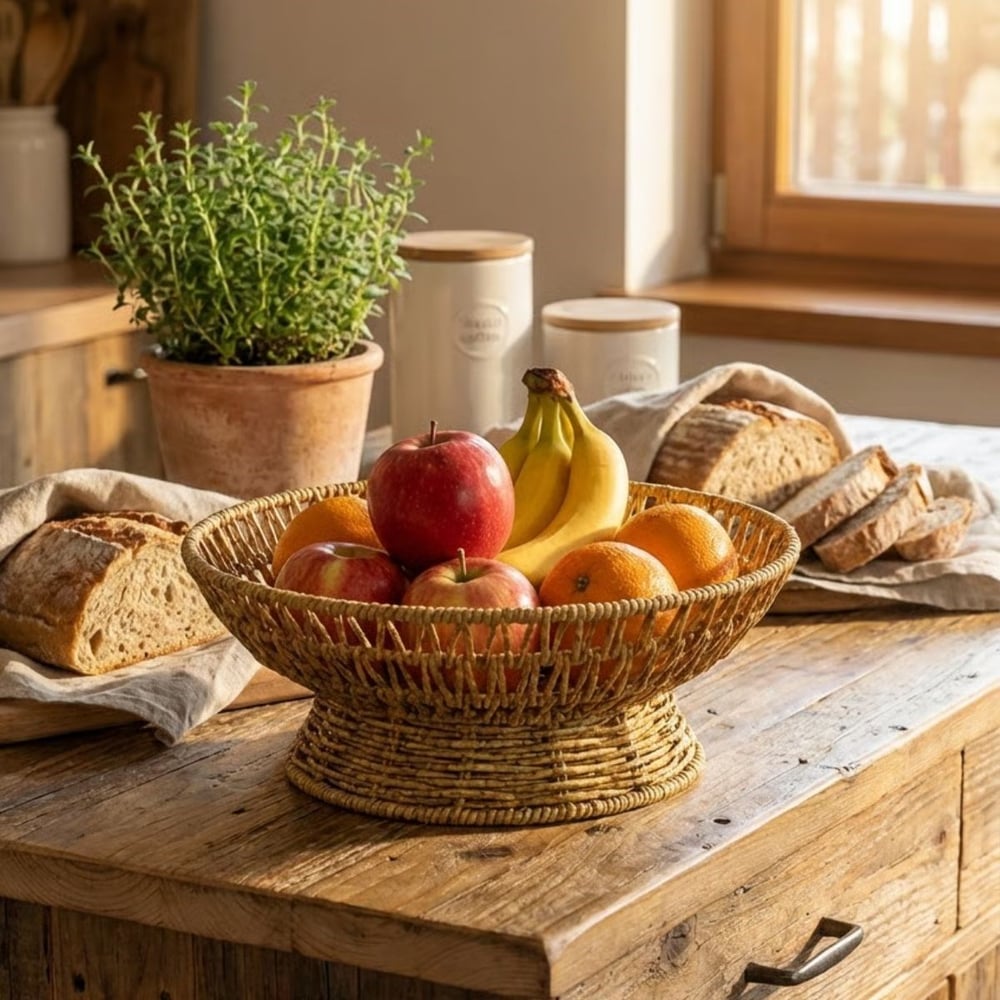 BUFFER® 25 cm Plastik Rattan Servis Çanağı – Doğal Hasır Görünümlü Dekoratif Meyve, Ekmek ve Sunum Kasesi