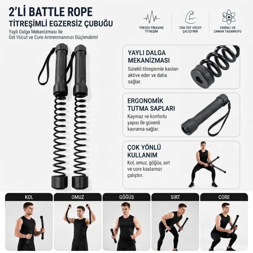 BUFFER® 2li Battle Rope Titreşimli Egzersiz Çubuğu, Yaylı Dalga Mekanizmalı Kol, Omuz, Göğüs, Sırt ve Core Antrenman Aleti