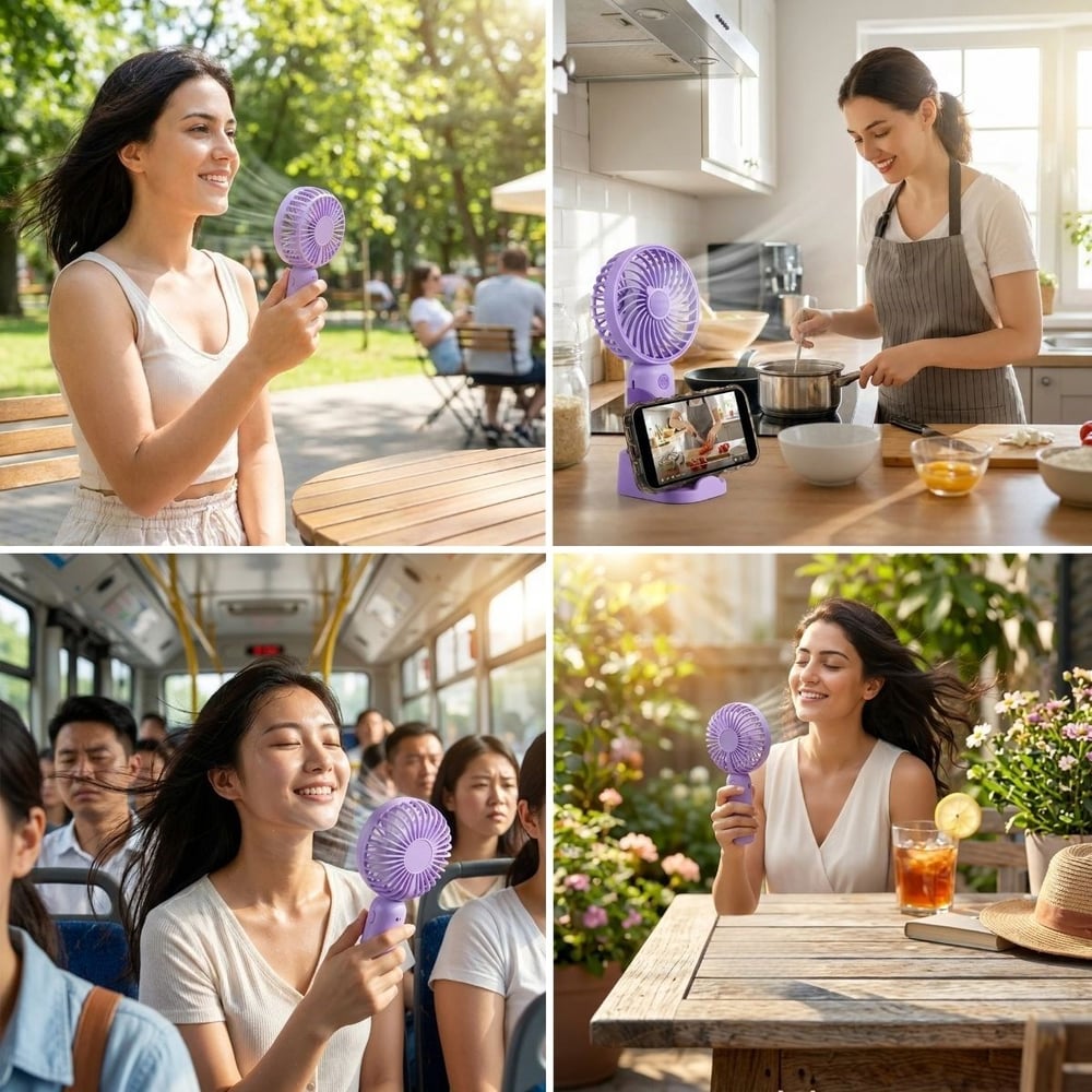 BUFFER® 3 Kademeli Masaüstü ve El Fanı – Telefon Tutuculu, 3 Farklı Değiştirilebilir Halka Tasarımlı Mini Fan  MZL37A