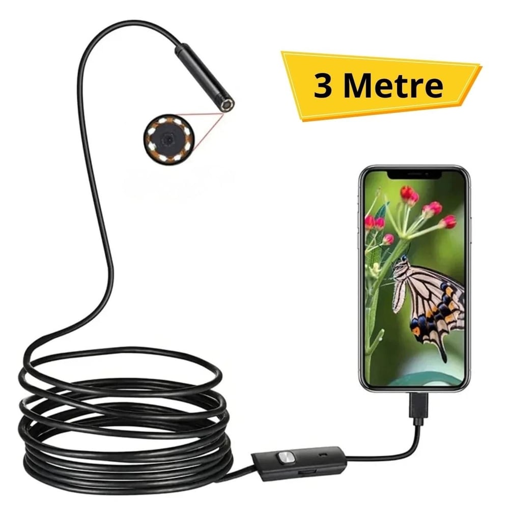 BUFFER® 3 Metre Android Telefon Uyumlu 6 LED Işıklı Su Geçirmez Endoskop / Boroskop Yılan Kamera HD