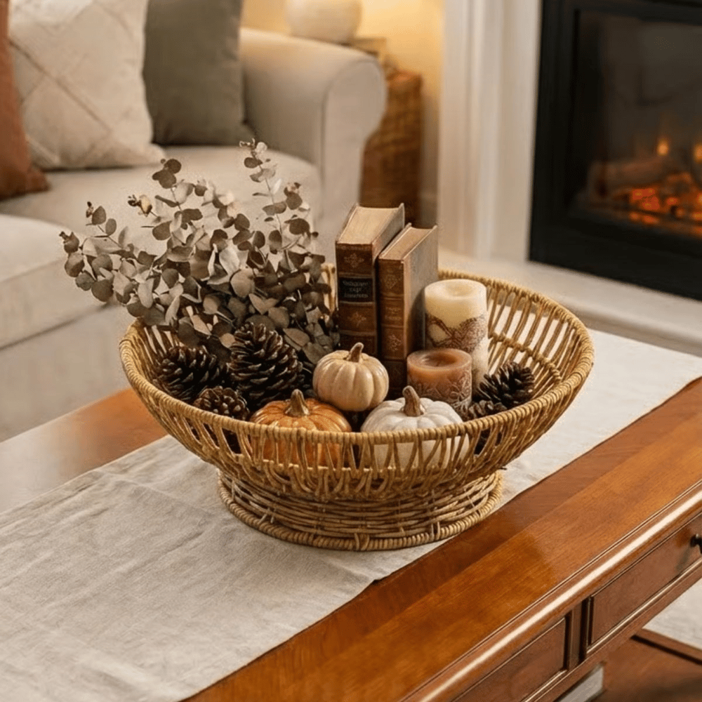 BUFFER® 31 cm Plastik Rattan Servis Çanağı – Doğal Hasır Görünümlü Dekoratif Meyve, Ekmek ve Sunum Kasesi