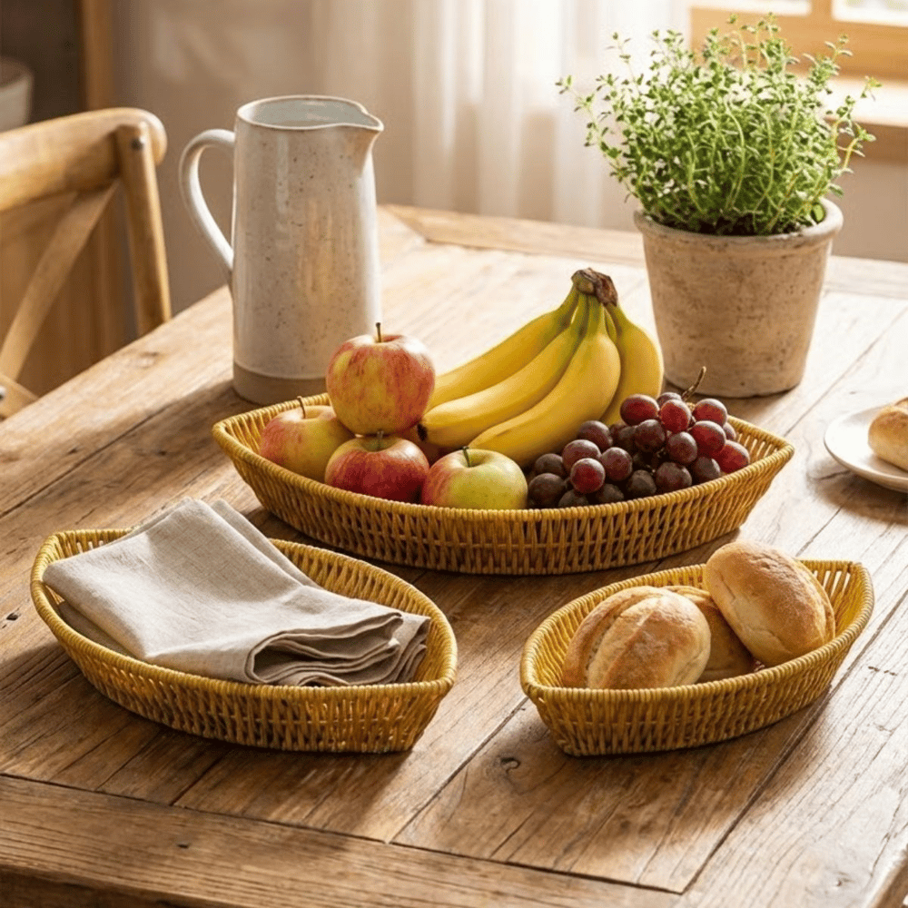BUFFER® 3’lü Kayık Formlu Plastik Rattan Sepet Seti–Hasır Görünümlü Ekmek, Meyve ve Sunum Sepetleri, Çok Amaçlı Masaüstü Organizer