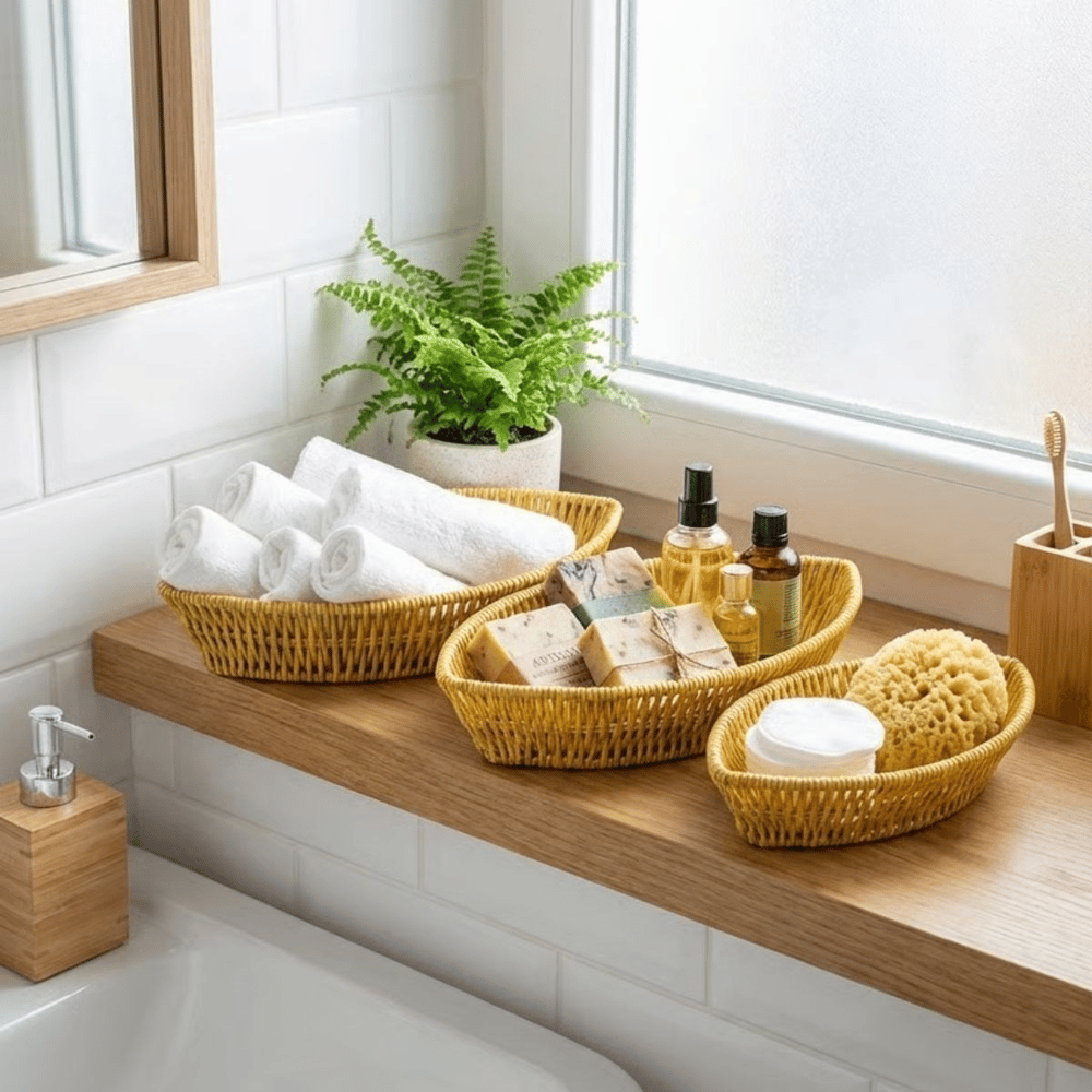 BUFFER® 3’lü Kayık Formlu Plastik Rattan Sepet Seti–Hasır Görünümlü Ekmek, Meyve ve Sunum Sepetleri, Çok Amaçlı Masaüstü Organizer