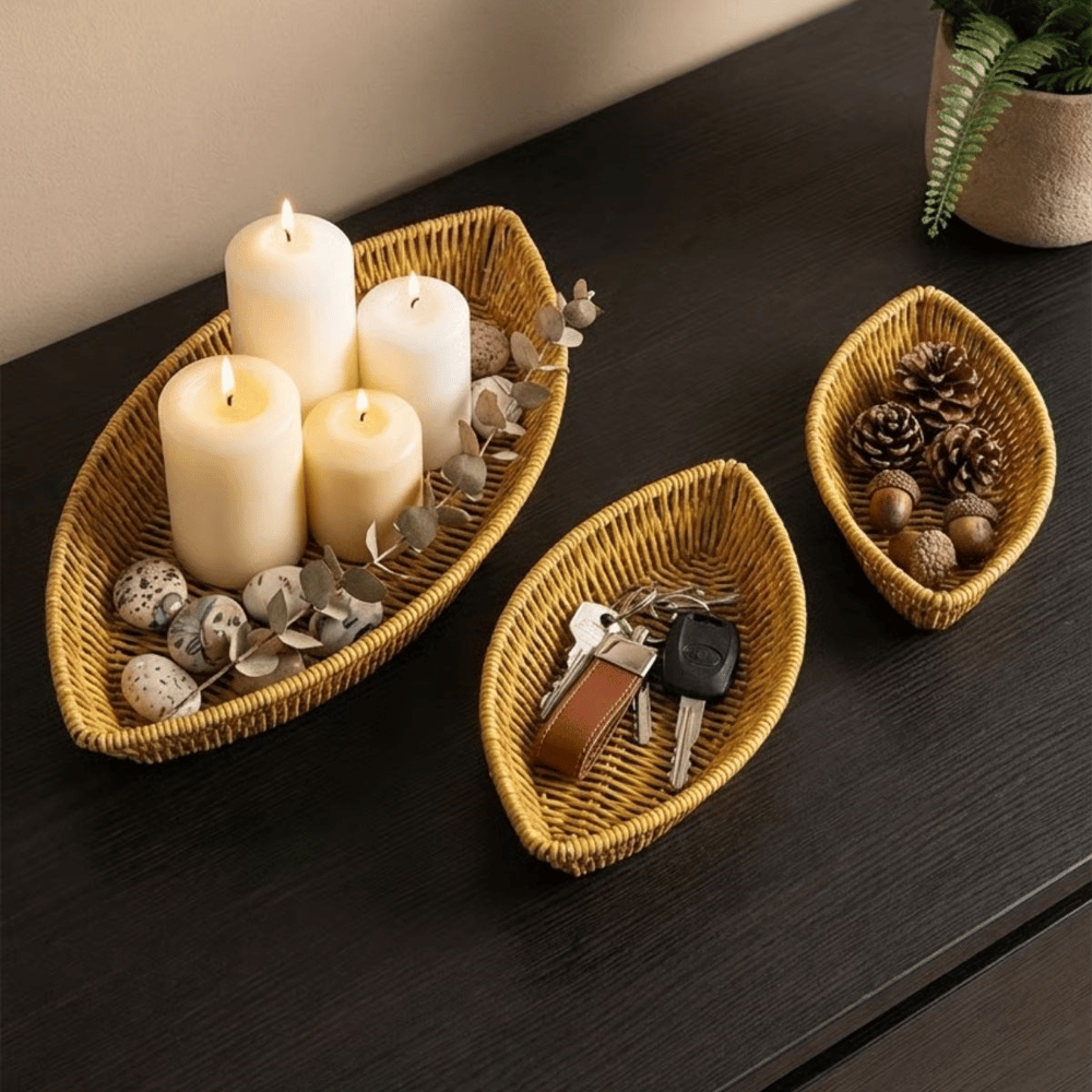 BUFFER® 3’lü Kayık Formlu Plastik Rattan Sepet Seti–Hasır Görünümlü Ekmek, Meyve ve Sunum Sepetleri, Çok Amaçlı Masaüstü Organizer