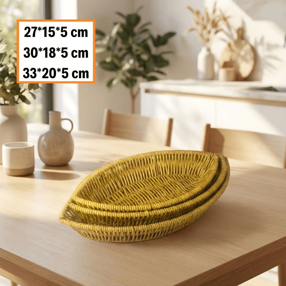 BUFFER® 3’lü Kayık Formlu Plastik Rattan Sepet Seti–Hasır Görünümlü Ekmek, Meyve ve Sunum Sepetleri, Çok Amaçlı Masaüstü Organizer