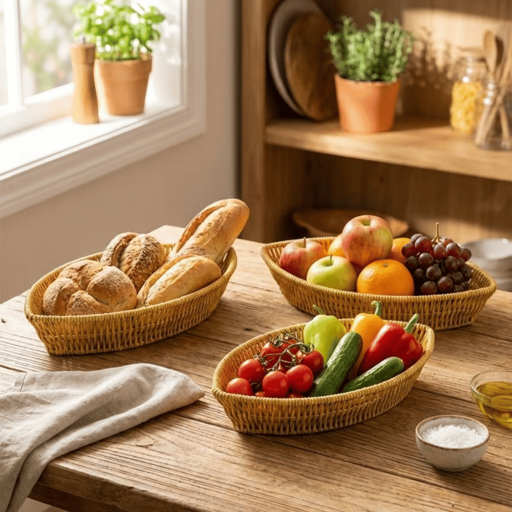 BUFFER® 3’lü Kayık Formlu Plastik Rattan Sepet Seti–Hasır Görünümlü Ekmek, Meyve ve Sunum Sepetleri, Çok Amaçlı Masaüstü Organizer