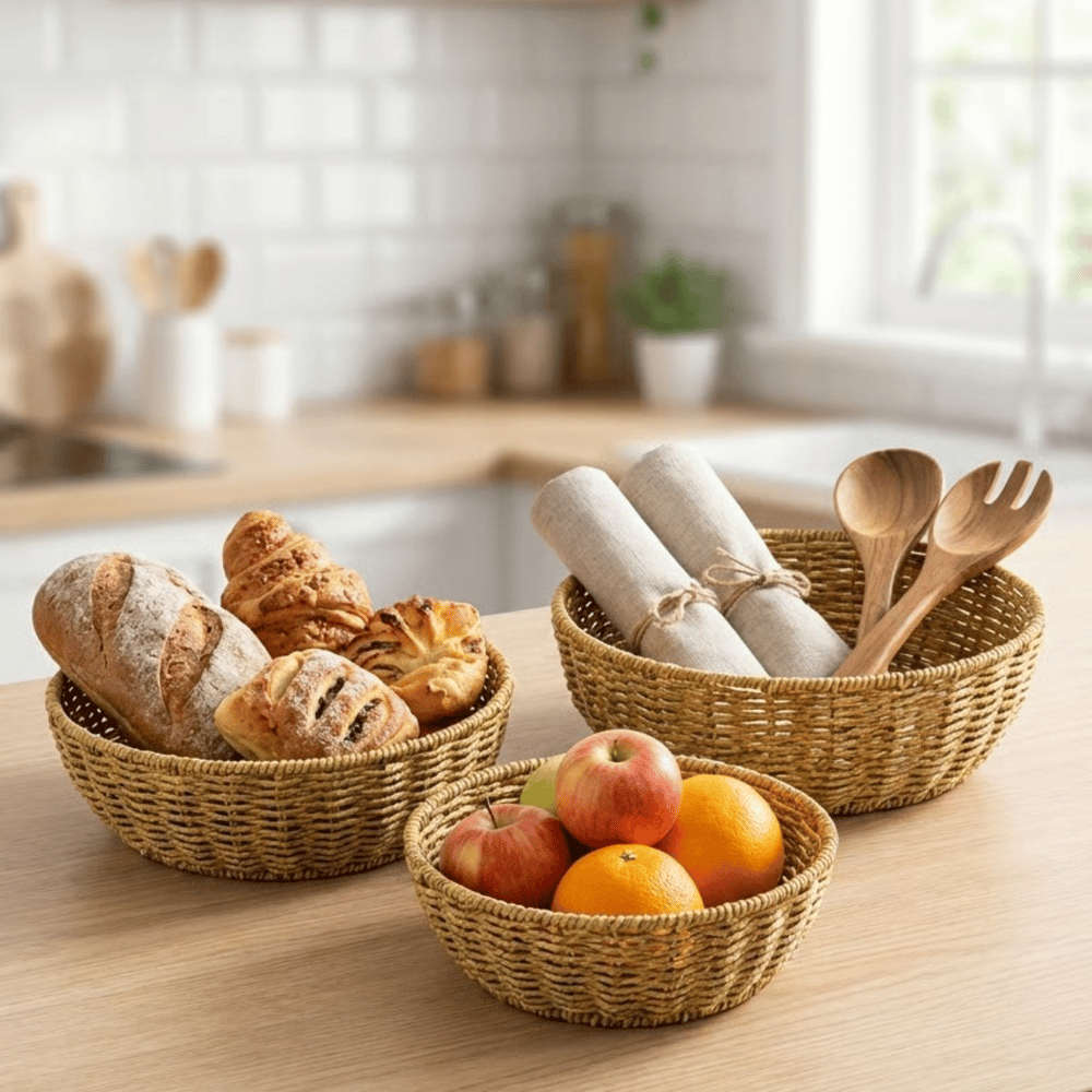 BUFFER® 3’lü Plastik Rattan Çanak Seti – Hasır Görünümlü İç İçe Geçebilen Sunum ve Düzenleme Kaseleri, Mutfak & Masaüstü Çok Amaçlı Organizer