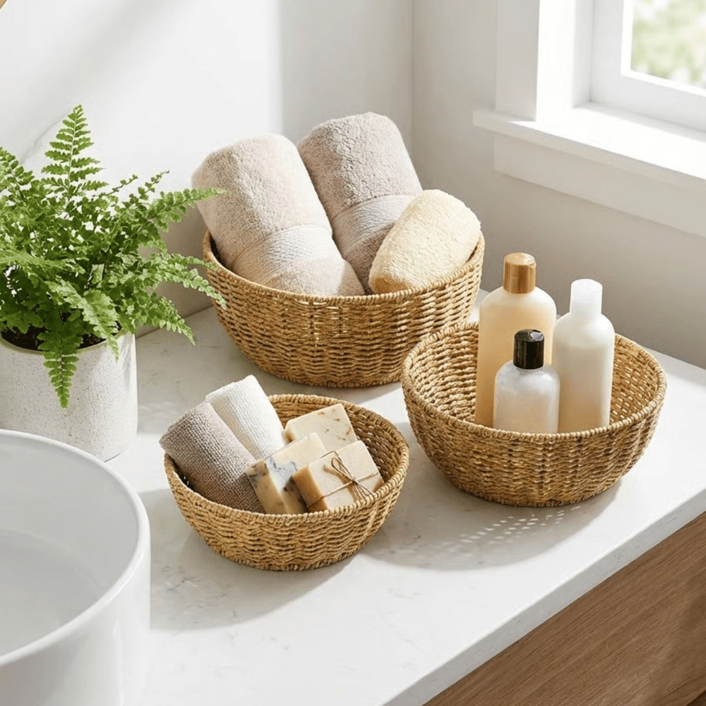 BUFFER® 3’lü Plastik Rattan Çanak Seti – Hasır Görünümlü İç İçe Geçebilen Sunum ve Düzenleme Kaseleri, Mutfak & Masaüstü Çok Amaçlı Organizer