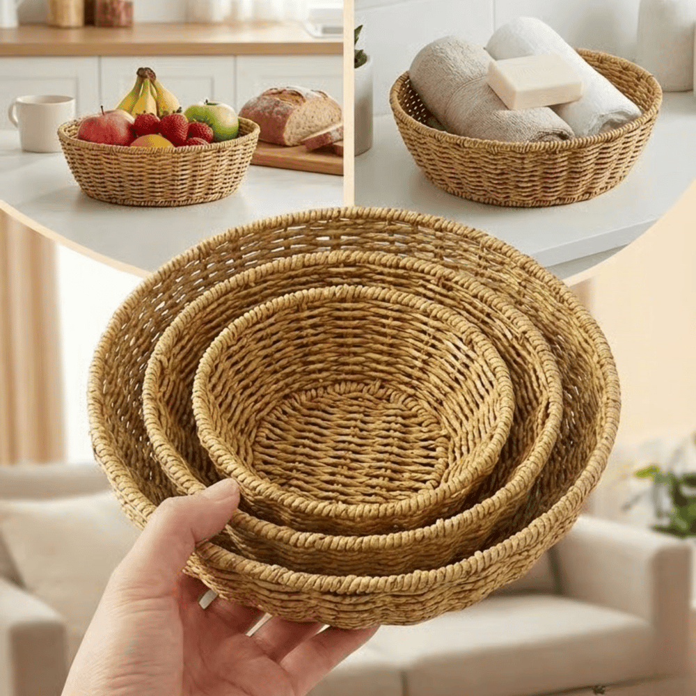 BUFFER® 3’lü Plastik Rattan Çanak Seti – Hasır Görünümlü İç İçe Geçebilen Sunum ve Düzenleme Kaseleri, Mutfak & Masaüstü Çok Amaçlı Organizer