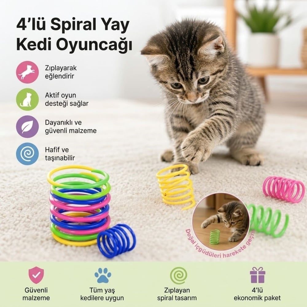 BUFFER® 4lü Renkli Spiral Yay Kedi Oyuncağı, Esnek ve Hareketli Eğlenceli Kedi Oyun Seti