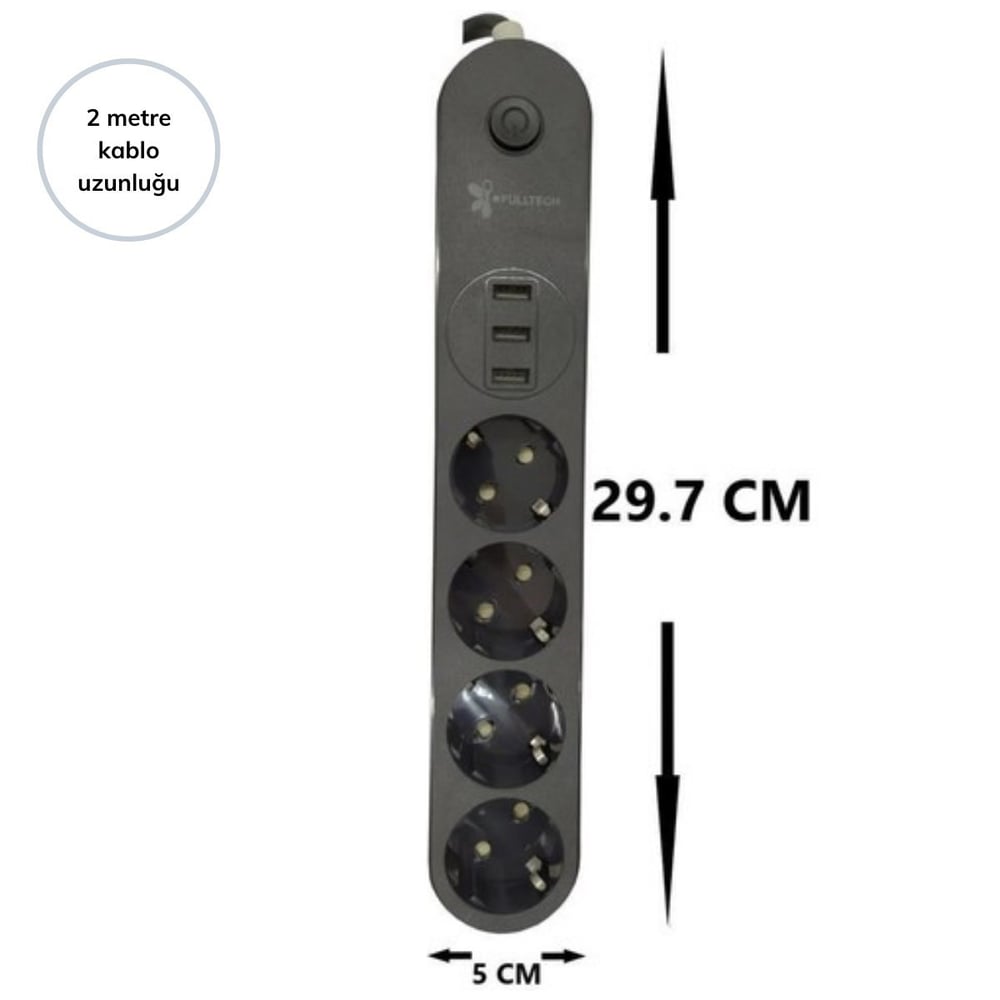 BUFFER® 4lü Siyah Anahtarlı 3 USB Li Akım Korumalı Topraklı Çocuk Korumalı Grup Priz 2 Metre