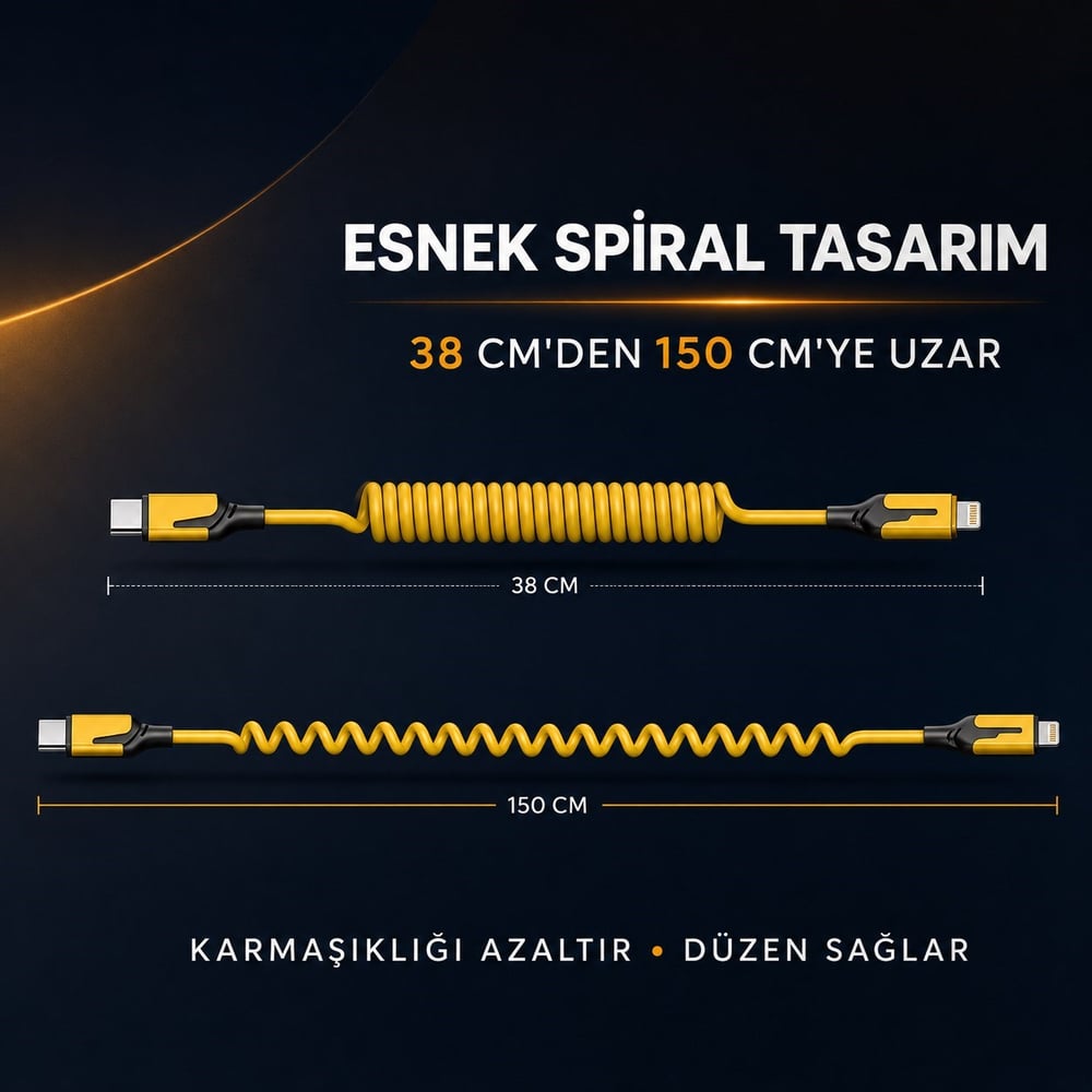 BUFFER® 4ü 1 Arada Esnek Spiral Hızlı Şarj Kablosu, Araç İçi Yaylı Kablo, Type-C ve Lightning Uyumlu Çoklu Şarj Kablosu