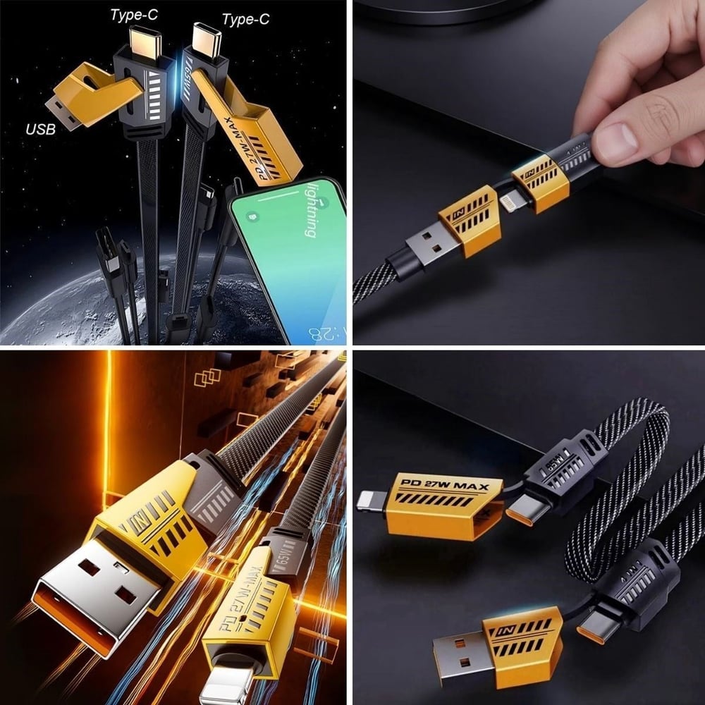 BUFFER® 4’ü 1 Arada Hızlı Mobil Şarj Kablosu 65W – USB-A & Type-C to Type-C + Lightning, Örgülü Çoklu Şarj ve Veri Kablosu