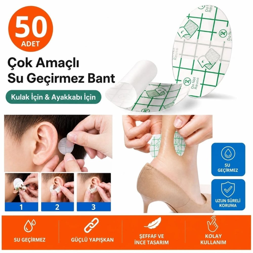 BUFFER® 50 Adet Su Geçirmez Kulak Bandı ve Ayakkabı Vurma Önleyici Bant Seti, Çok Amaçlı Koruyucu Yapışkan Bant