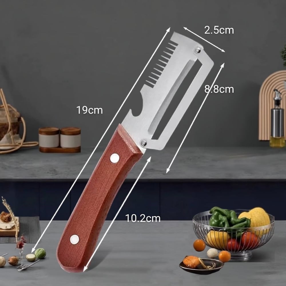 BUFFER® 5i 1 Arada Çok Fonksiyonlu Sebze ve Patates Soyucu, Paslanmaz Çelik Bıçaklı, Ahşap Görünümlü Saplı Mutfak Jülyen Soyacak, Şişe Açacağı