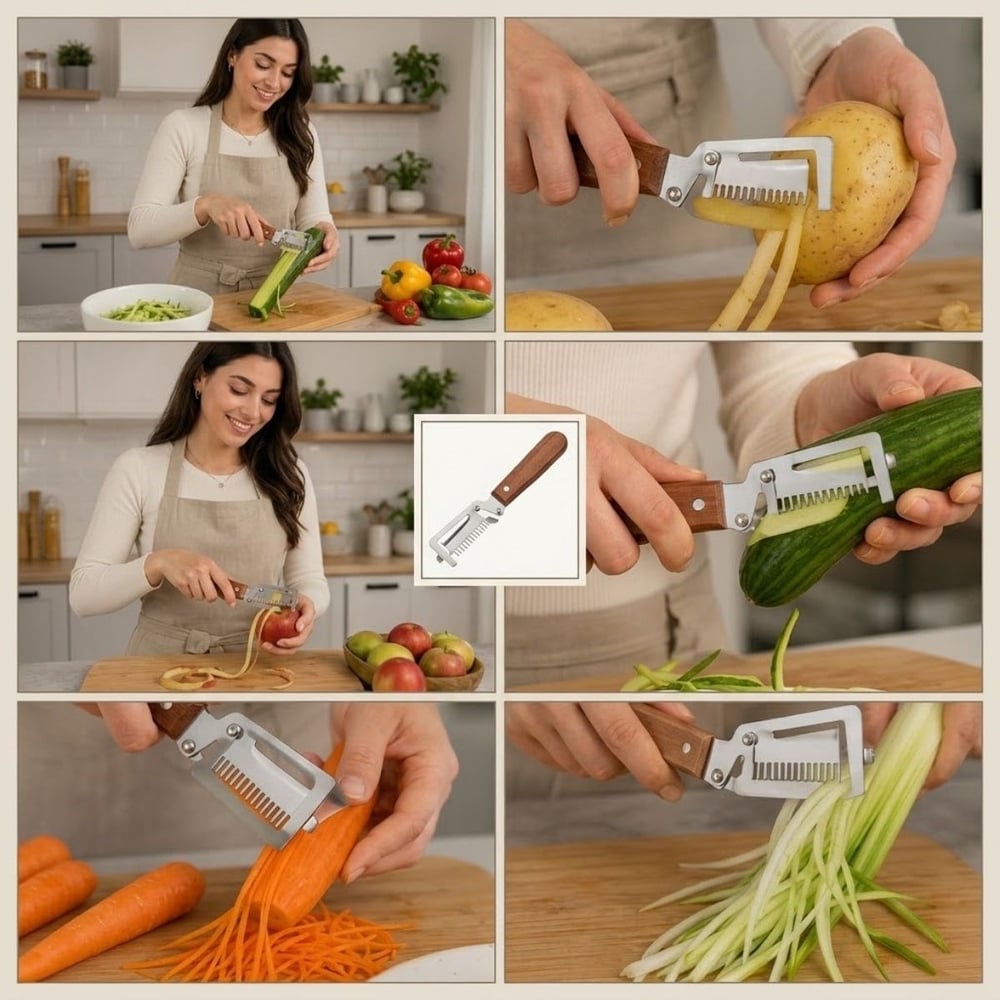 BUFFER® 5i 1 Arada Çok Fonksiyonlu Sebze ve Patates Soyucu, Paslanmaz Çelik Bıçaklı, Ahşap Görünümlü Saplı Mutfak Jülyen Soyacak, Şişe Açacağı