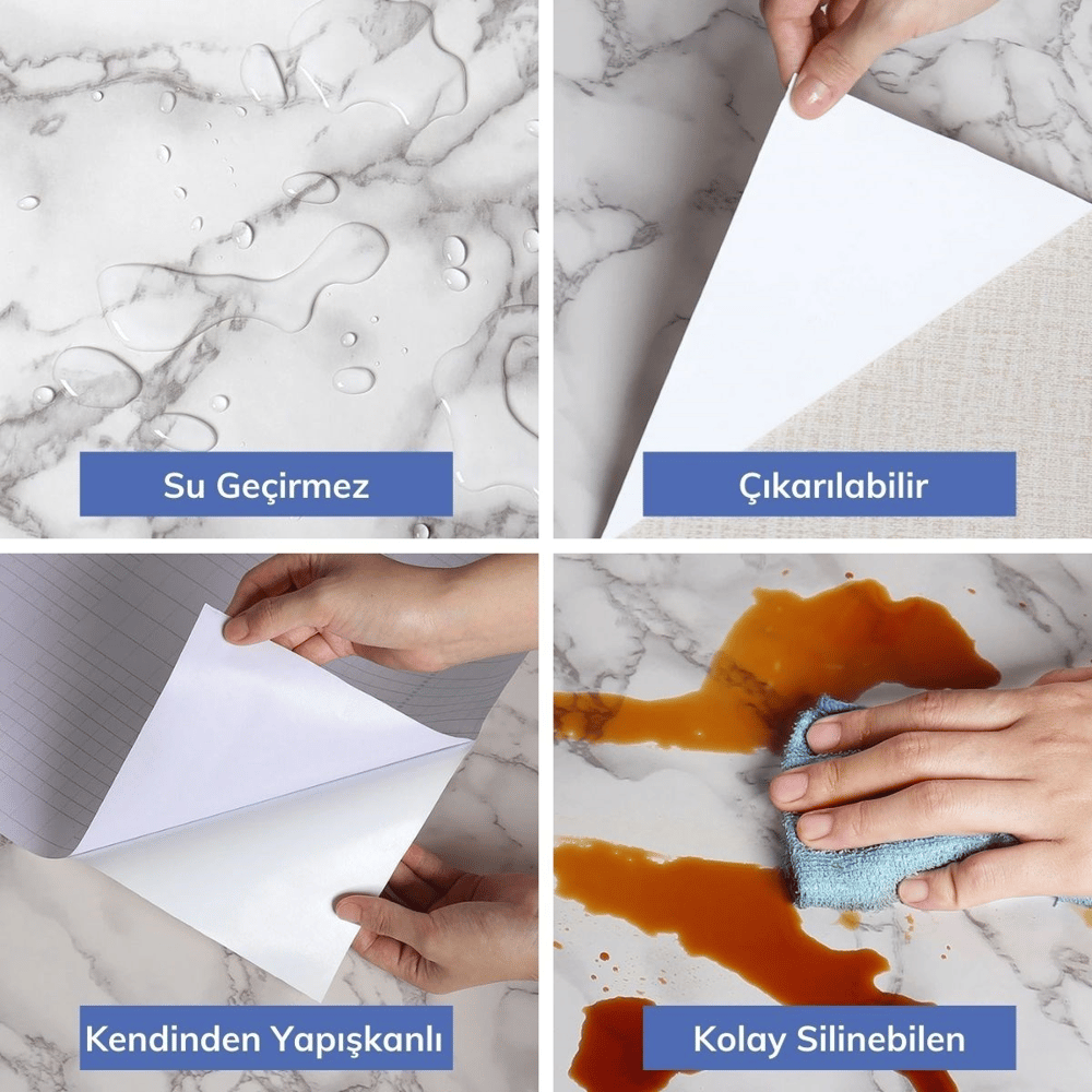 BUFFER® 5mt x 60 cm Mermer Desenli Masa Tezgah Mutfak Su Geçirmez Yapışkanlı Folyo Sticker