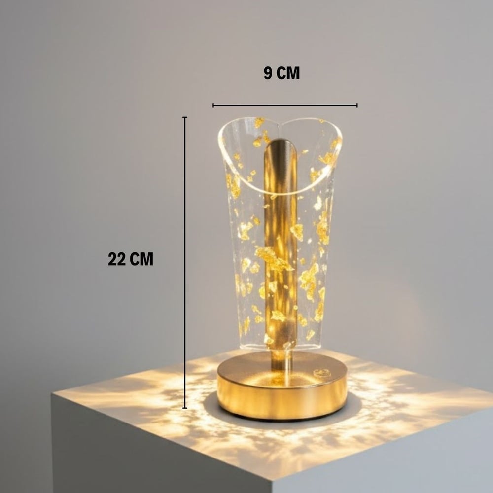 BUFFER® Açık Silindirik Kristal Altın Toz Model LED Masa Lambası – Gold Tabanlı, Dokunmatik, 3 Renk Işık Modlu, Şarjlı Modern Dekoratif Gece Lambası