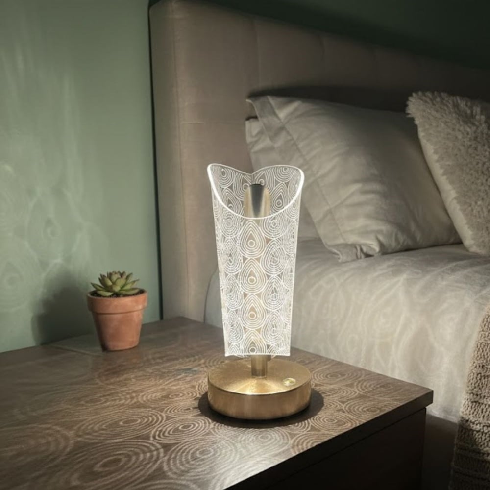 BUFFER® Açık Silindirik Kristal Damla Model LED Masa Lambası – Gold Tabanlı, Dokunmatik, 3 Renk Işık Modlu, Şarjlı Modern Dekoratif Gece Lambası