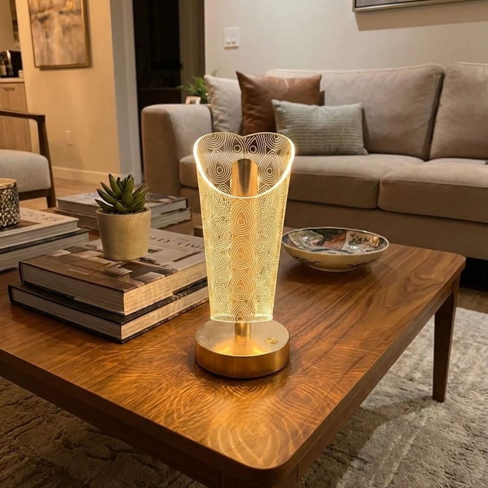 BUFFER® Açık Silindirik Kristal Damla Model LED Masa Lambası – Gold Tabanlı, Dokunmatik, 3 Renk Işık Modlu, Şarjlı Modern Dekoratif Gece Lambası