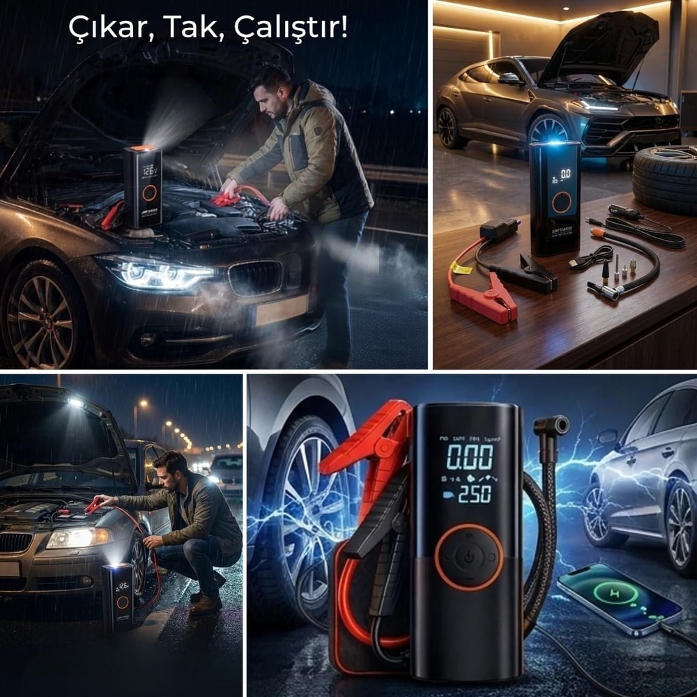 BUFFER® Akü Takviye Cihazı ve Lastik Şişirme Pompası 16000mAh – Powerbank Özellikli, Dijital Ekranlı SOS Fenerli Taşınabilir Kompresör