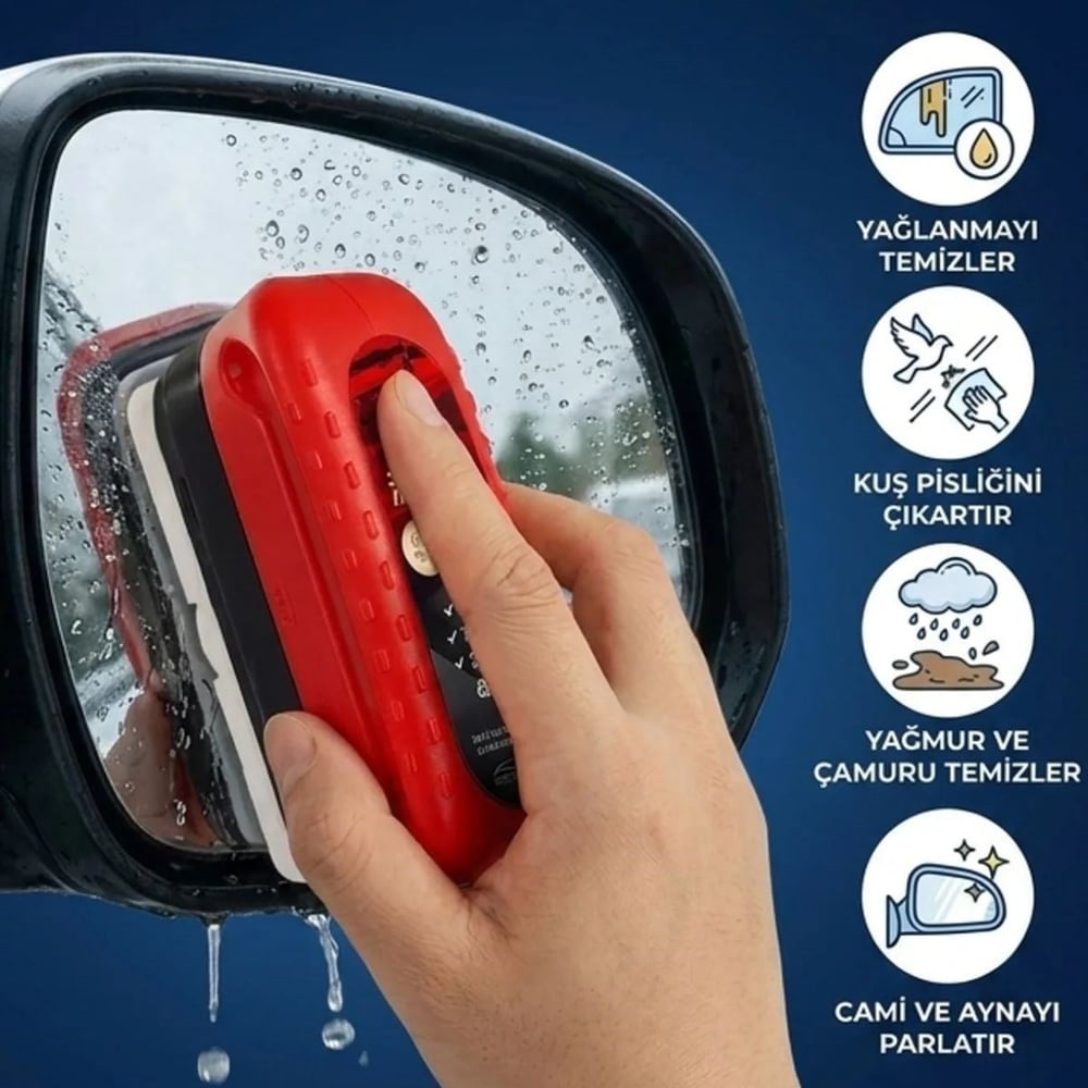 BUFFER® Araç Cam Buğu Önleyici Sünger – Ergonomik Tutacaklı Yan Ayna & İç Cam Yağ Filmi Temizleyici