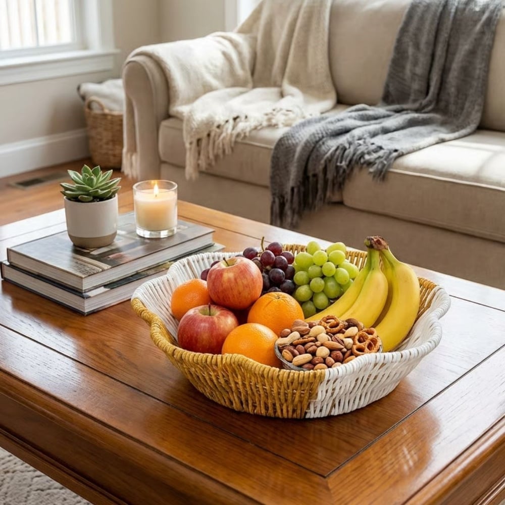 BUFFER® Çiçek Model Çift Renkli Plastik Rattan Ekmek ve Meyve Sepeti - Çok Amaçlı Banyo ve Mutfak Düzenleyici - Yıkanabilir Organizer