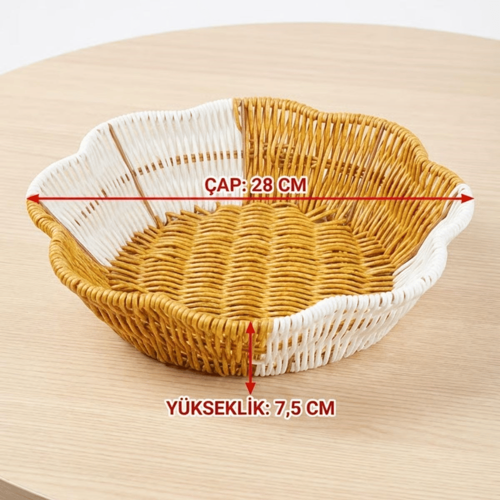BUFFER® Çiçek Model Çift Renkli Plastik Rattan Ekmek ve Meyve Sepeti - Çok Amaçlı Banyo ve Mutfak Düzenleyici - Yıkanabilir Organizer