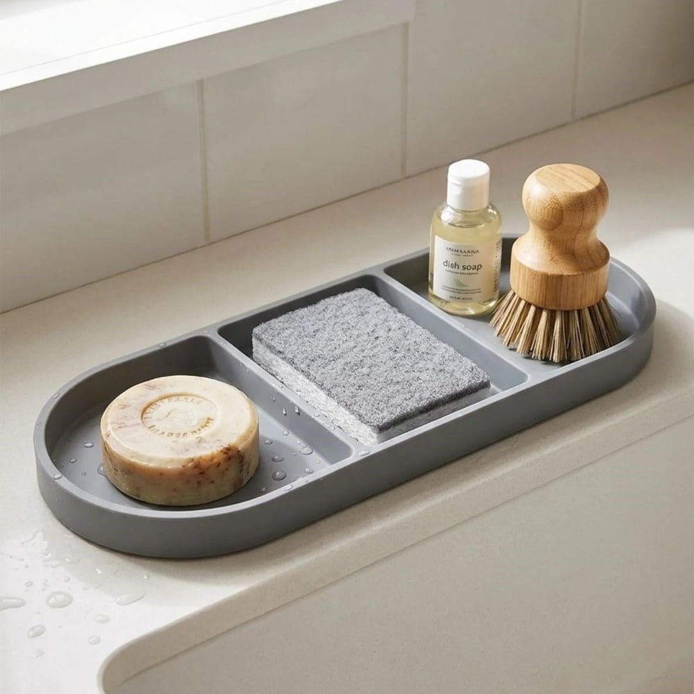 BUFFER® Çok Amaçlı 3 Bölmeli Gri Silikon Altlık – Yağdanlık ve Sunum Organizeri