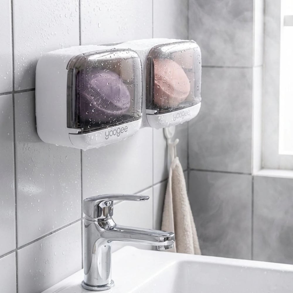BUFFER® Duvara Monte İkili Kapaklı Plastik Katı Sabunluk Organizer – Banyo & Mutfak İçin Yapışkanlı Sabun Kutusu ve Düzenleyici