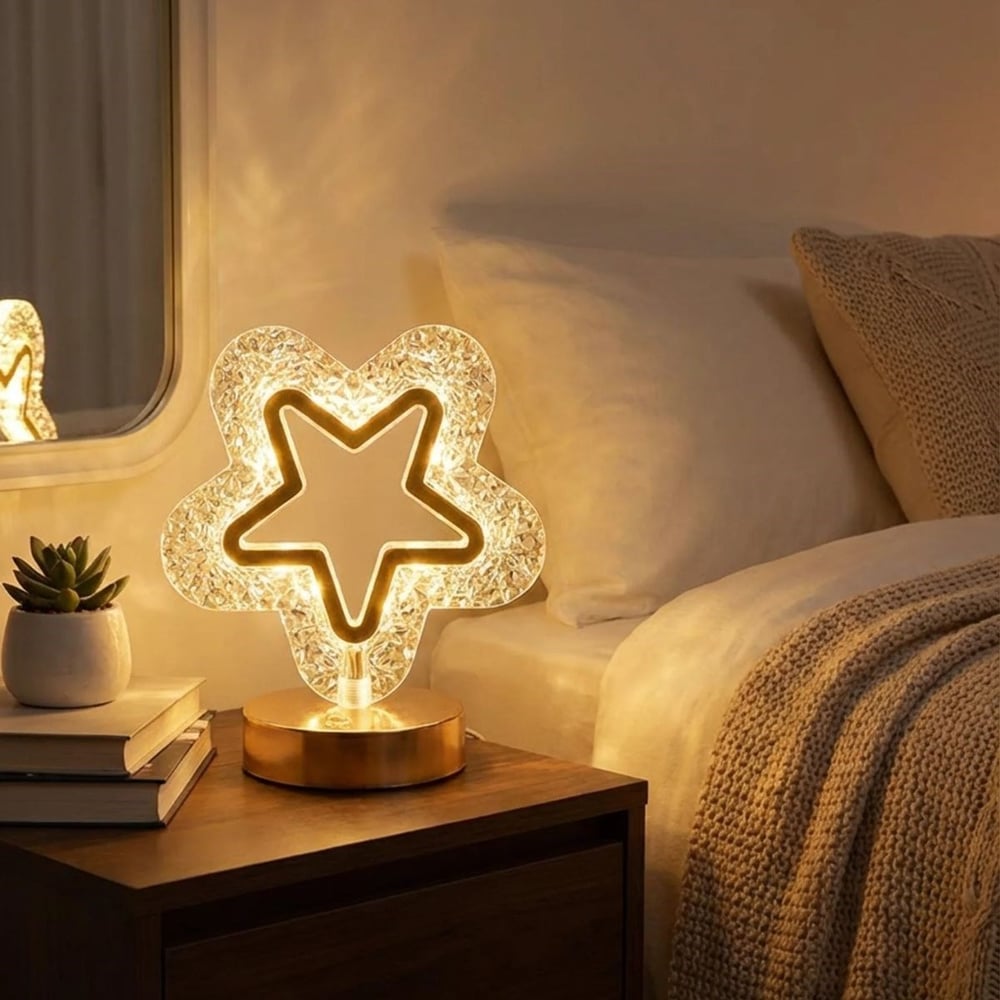 BUFFER® İçi Boş Yıldız Şeklinde Kristal LED Masa Lambası – Dokunmatik, 3 Renk Işık Modlu, Şarjlı Mini Dekoratif Gece Lambası