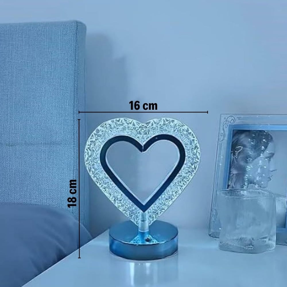 BUFFER® Kalp Şeklinde Kristal LED Masa Lambası – Dokunmatik, 3 Renk Işık Modlu, Şarjlı Mini Dekoratif Gece Lambası