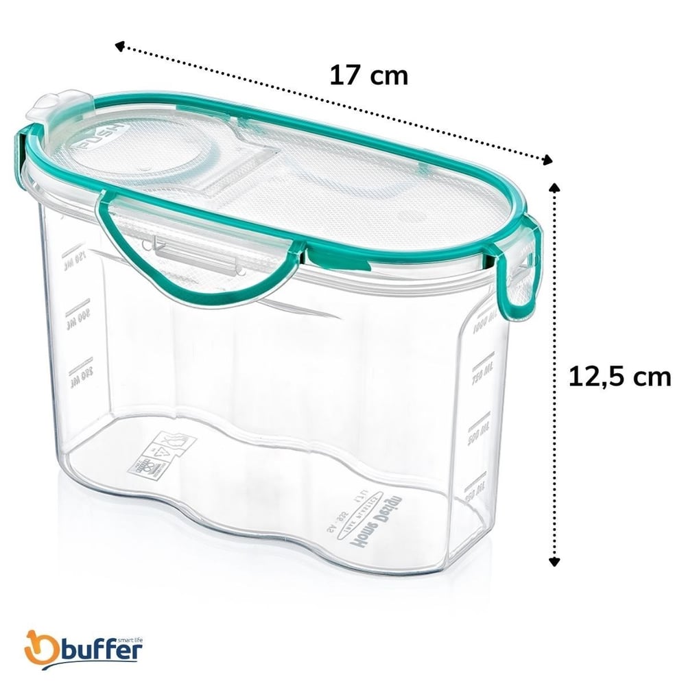 BUFFER® Kilitli Kapaklı Contalı Hava,Su Sıvı Geçirmez 1,2 Litre Erzak Saklama Kabı-SA580