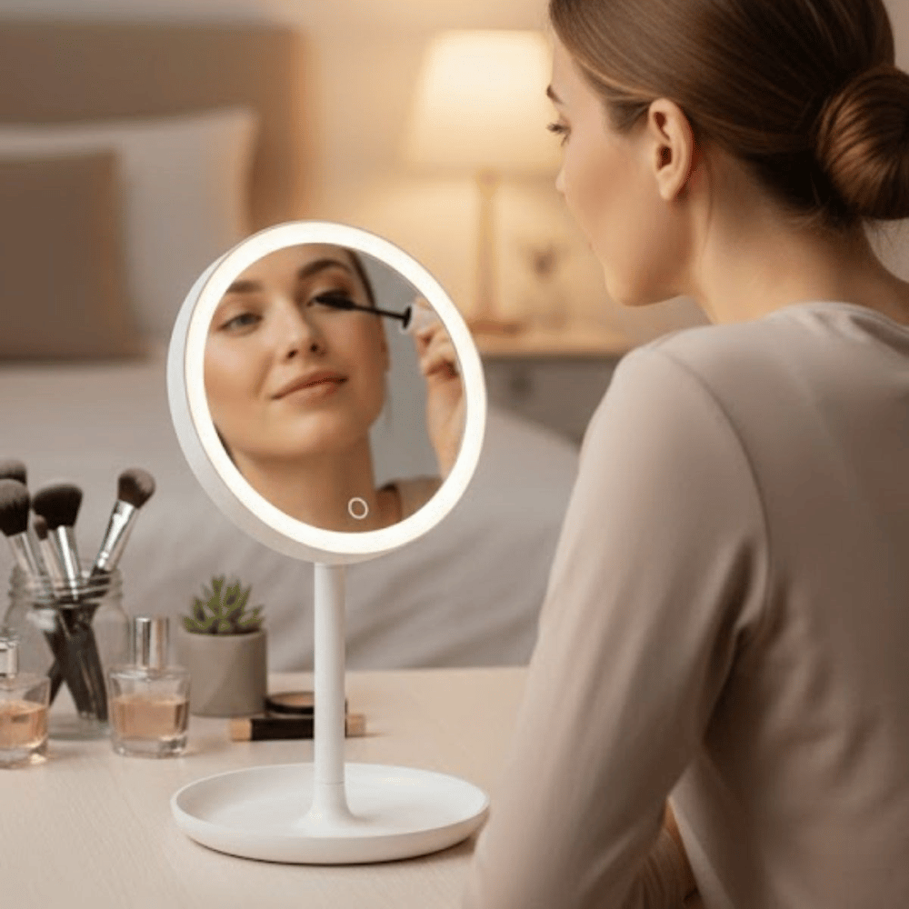 BUFFER® LED Işıklı Yuvarlak Makyaj Aynası – Dokunmatik Ayarlanabilir Işık Tonlu, 360° Döner Masaüstü Profesyonel Makyaj ve Cilt Bakım Aynası