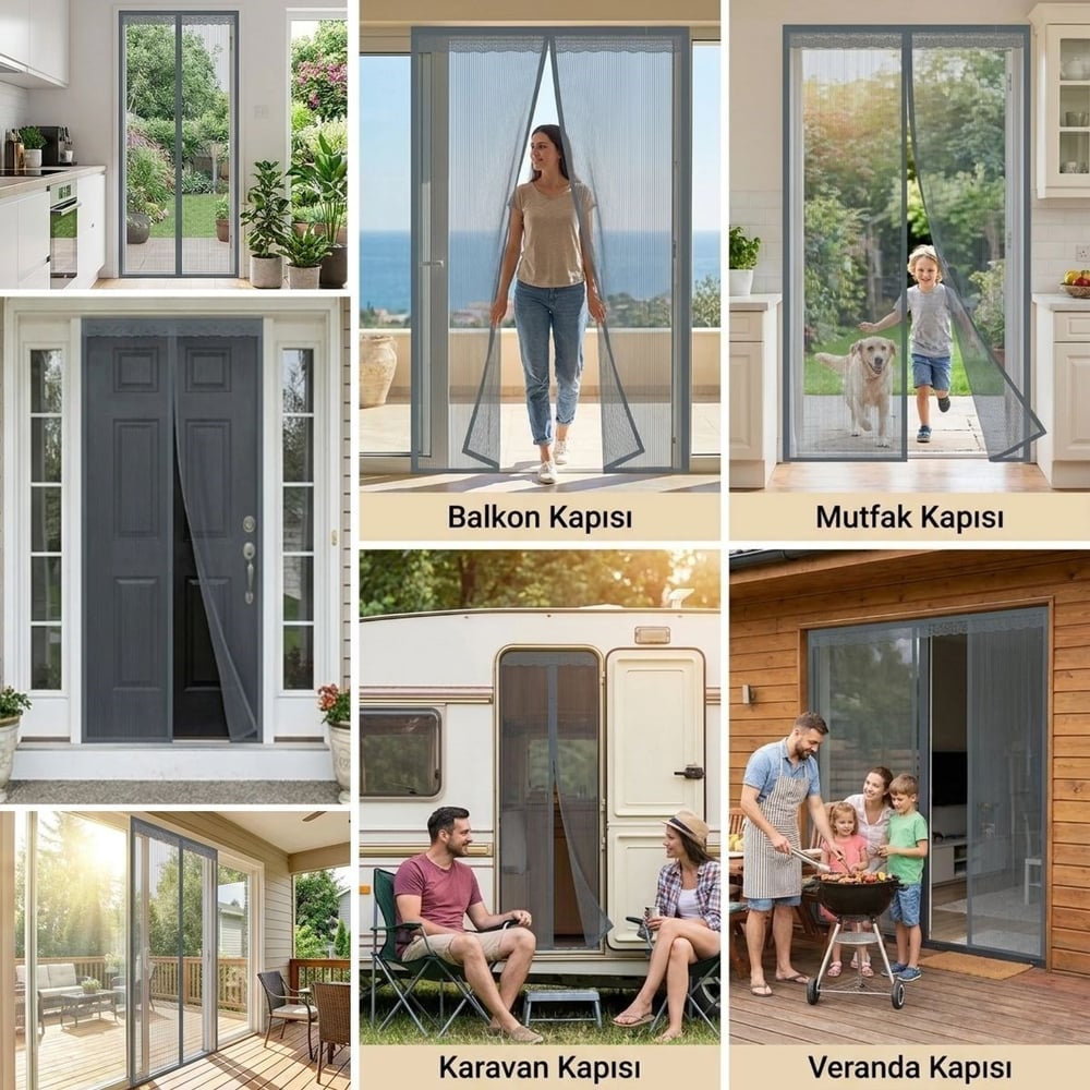 BUFFER® Mıknatıslı Kapı Sinekliği Gri 100x210 cm Otomatik Kapanan Manyetik Tül Sineklik