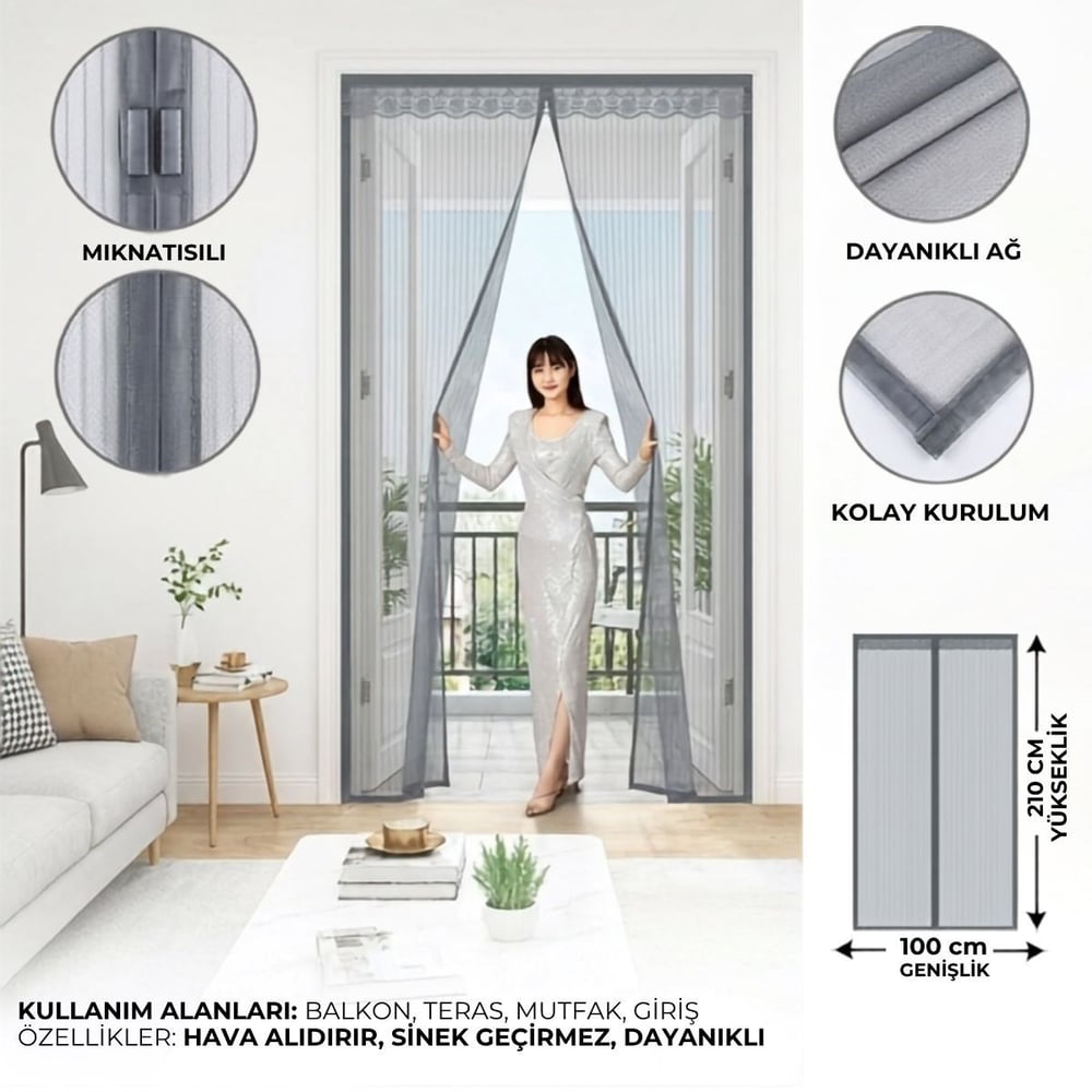 BUFFER® Mıknatıslı Kapı Sinekliği Gri 100x210 cm Otomatik Kapanan Manyetik Tül Sineklik
