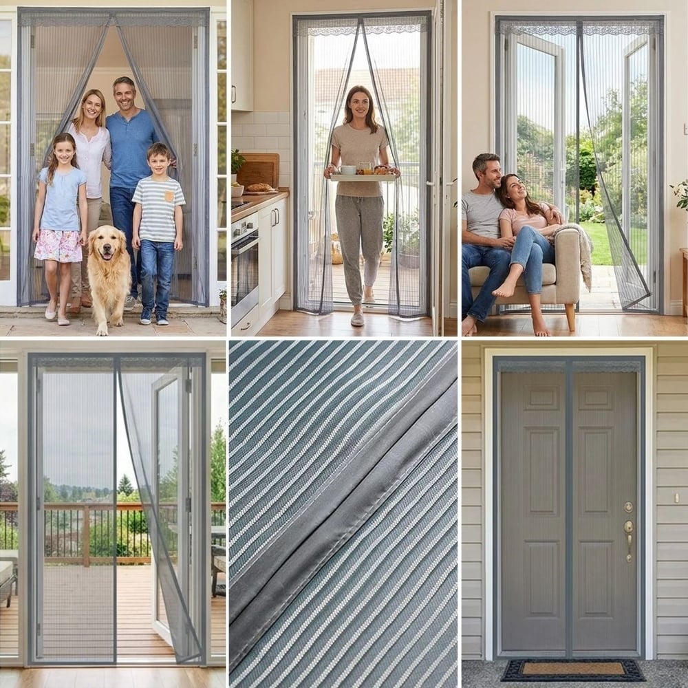 BUFFER® Mıknatıslı Kapı Sinekliği Gri 100x210 cm Otomatik Kapanan Manyetik Tül Sineklik