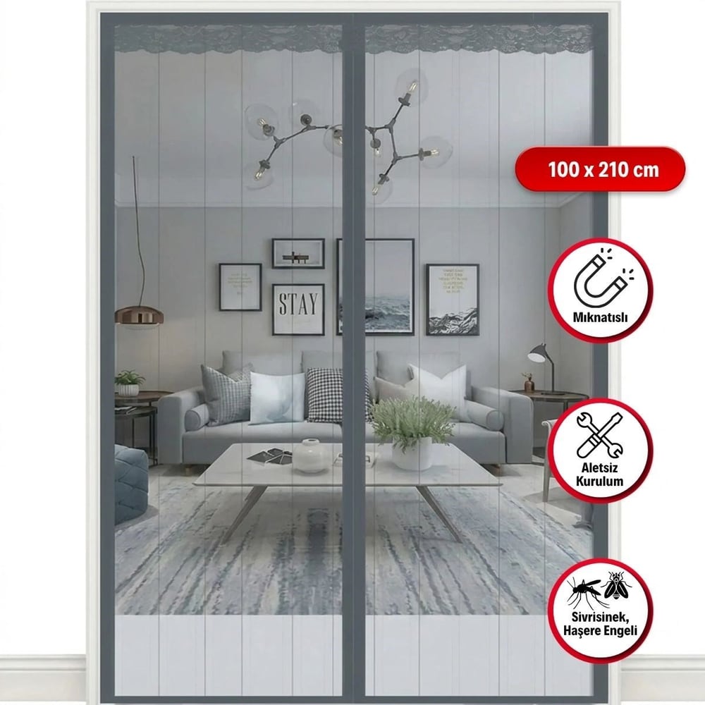 BUFFER® Mıknatıslı Kapı Sinekliği Gri 100x210 cm Otomatik Kapanan Manyetik Tül Sineklik