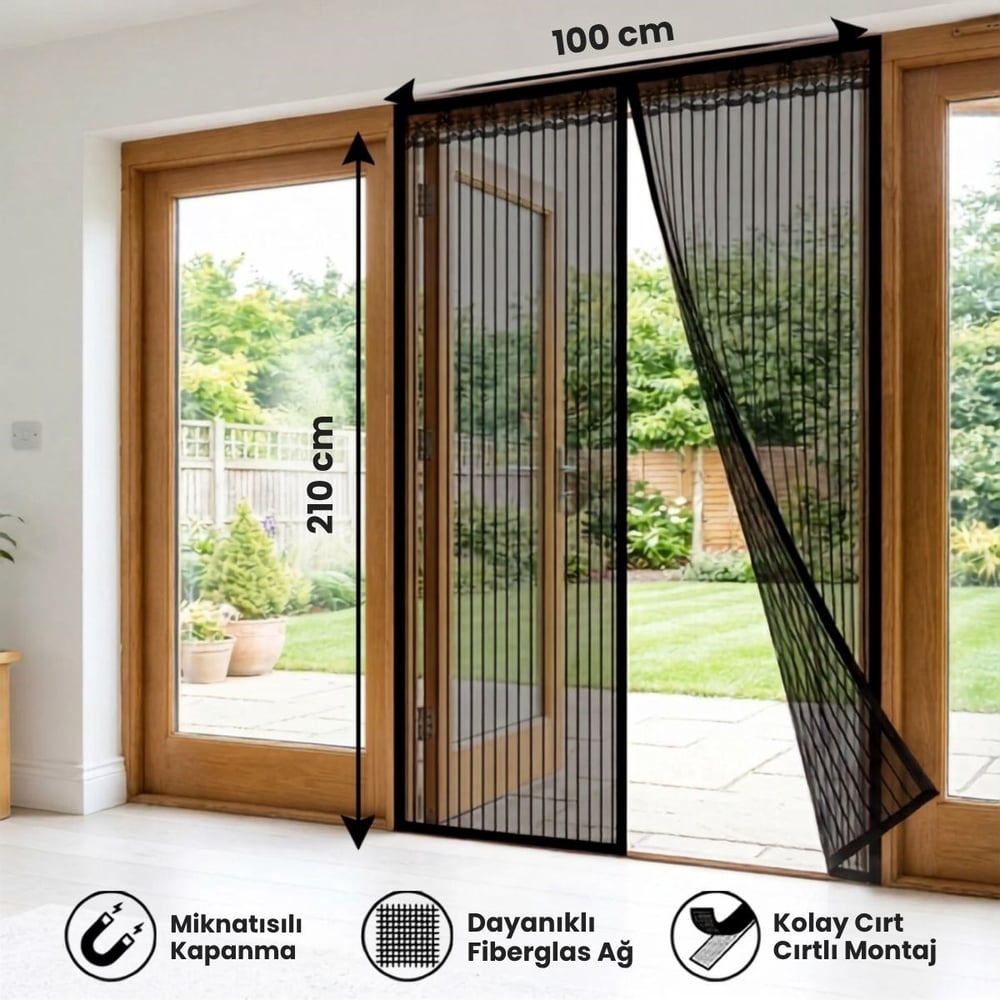 BUFFER® Mıknatıslı Kapı Sinekliği Siyah 100x210 cm Otomatik Kapanan Manyetik Tül Sineklik