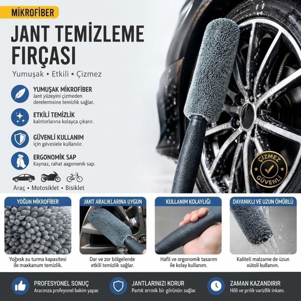 BUFFER® Mikrofiber Jant Temizleme Fırçası Yumuşak Çizmez Saplı Araba Motosiklet Lastik Yıkama Bakım Süngeri