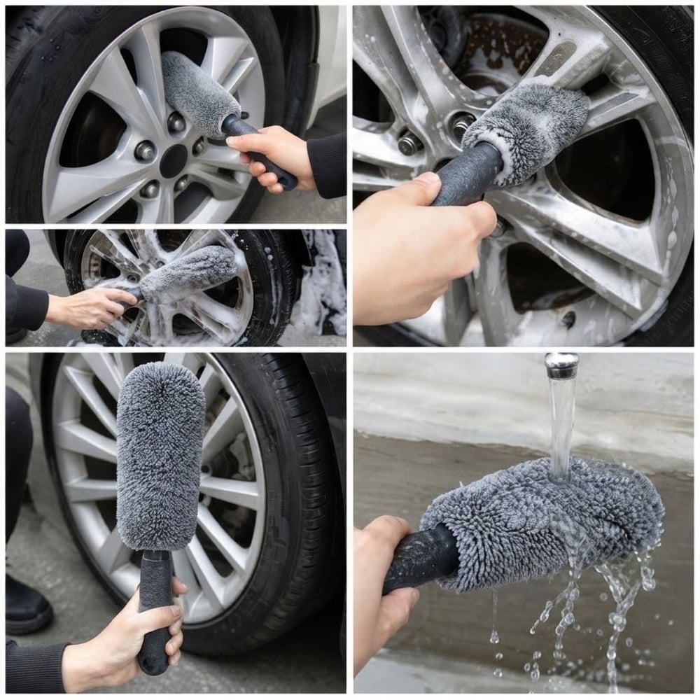 BUFFER® Mikrofiber Jant Temizleme Fırçası Yumuşak Çizmez Saplı Araba Motosiklet Lastik Yıkama Bakım Süngeri