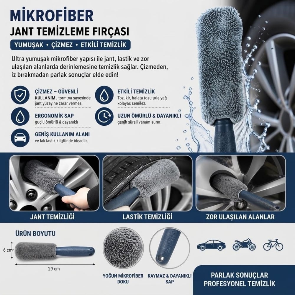 BUFFER® Mikrofiber Jant Temizleme Fırçası Yumuşak Çizmez Saplı Araba Motosiklet Lastik Yıkama Bakım Süngeri